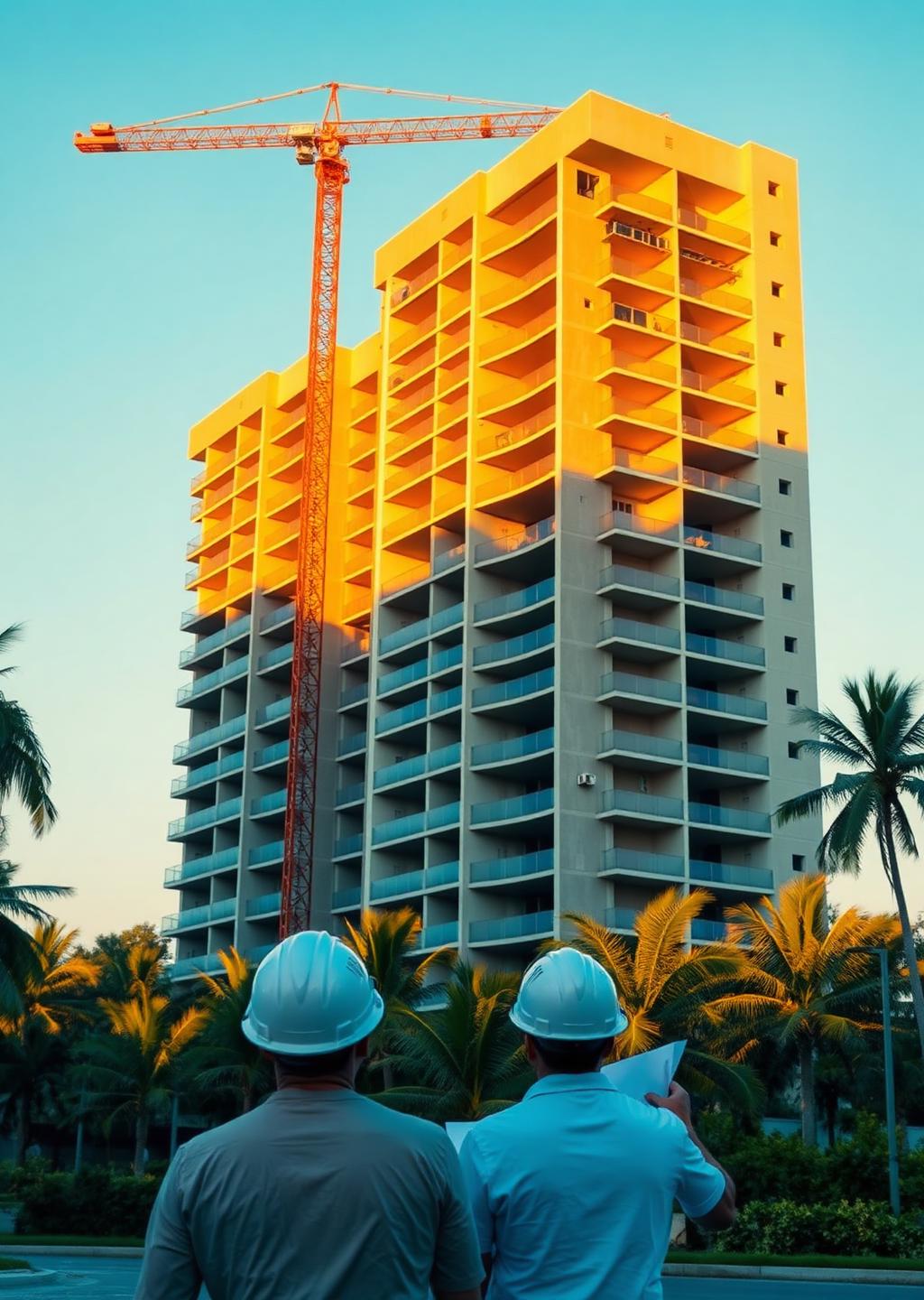 Edifício residencial moderno em construção sob luz dourada, com grua e vegetação tropical